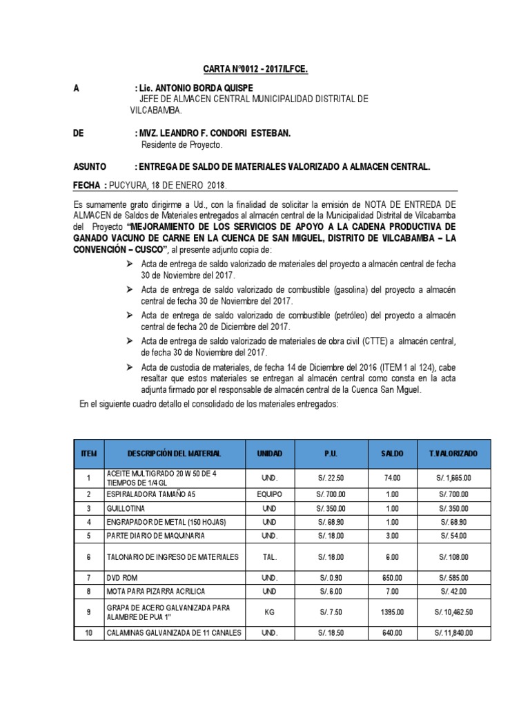 Carta Entrega de Materiales Almacen Central  Leisure