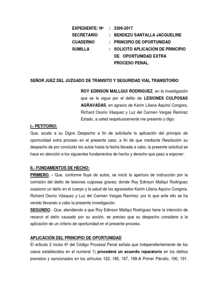Escrito de Peticion de Principio de Oportunidad Extra Proceso Penal PDF Procedimiento