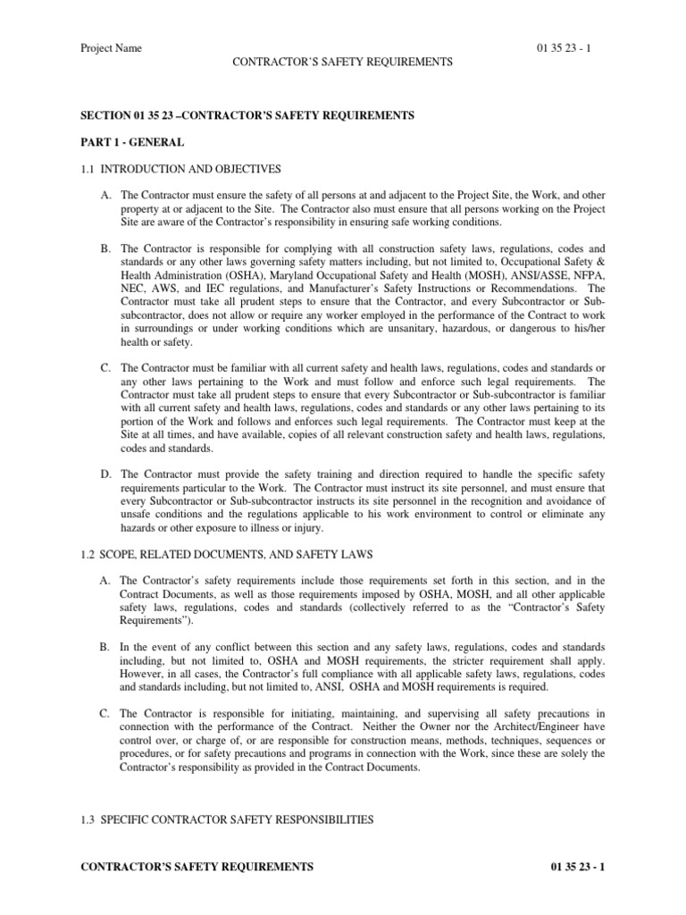 01 35 23Contractor Safety Requirements PDF Personal Protective