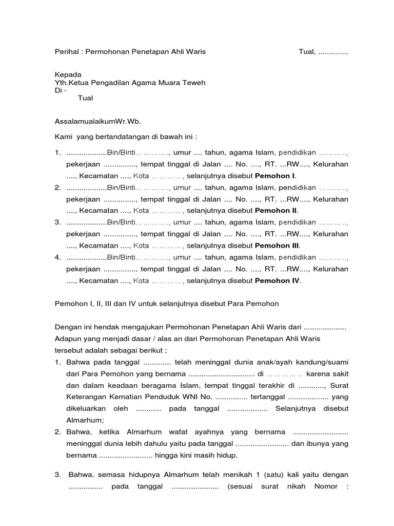 Contoh Permohonan Waris