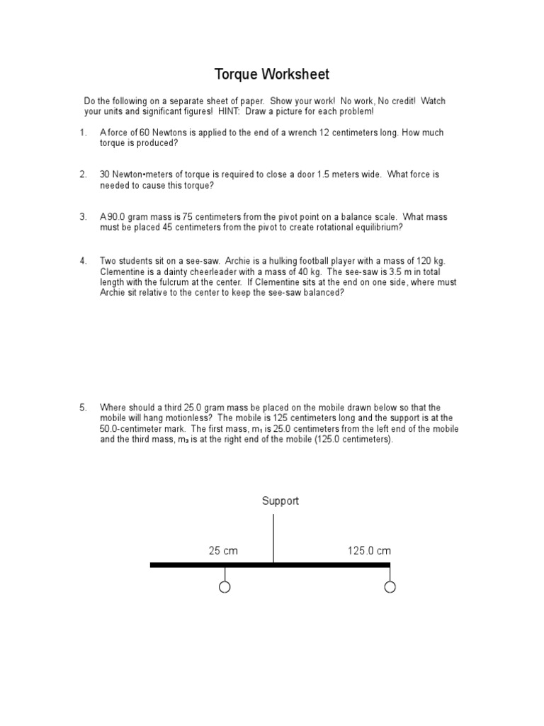 Torque Problems and Solutions Worksheet | PDF | Torque | Weighing Scale