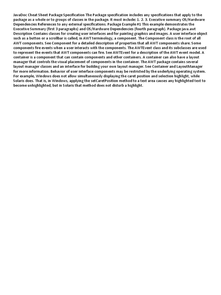 JavaDoc Cheat Sheet PDF Java (Programming Language) Parameter