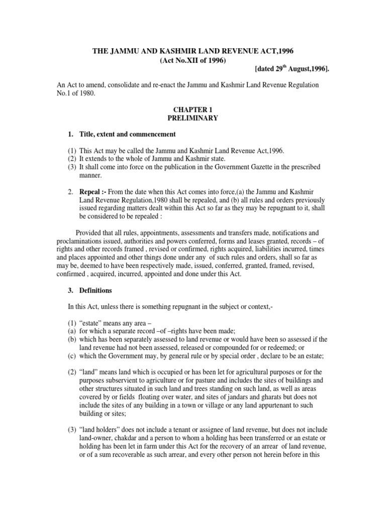 Land Revenue Act 1935 PDF Leasehold Estate Virtue