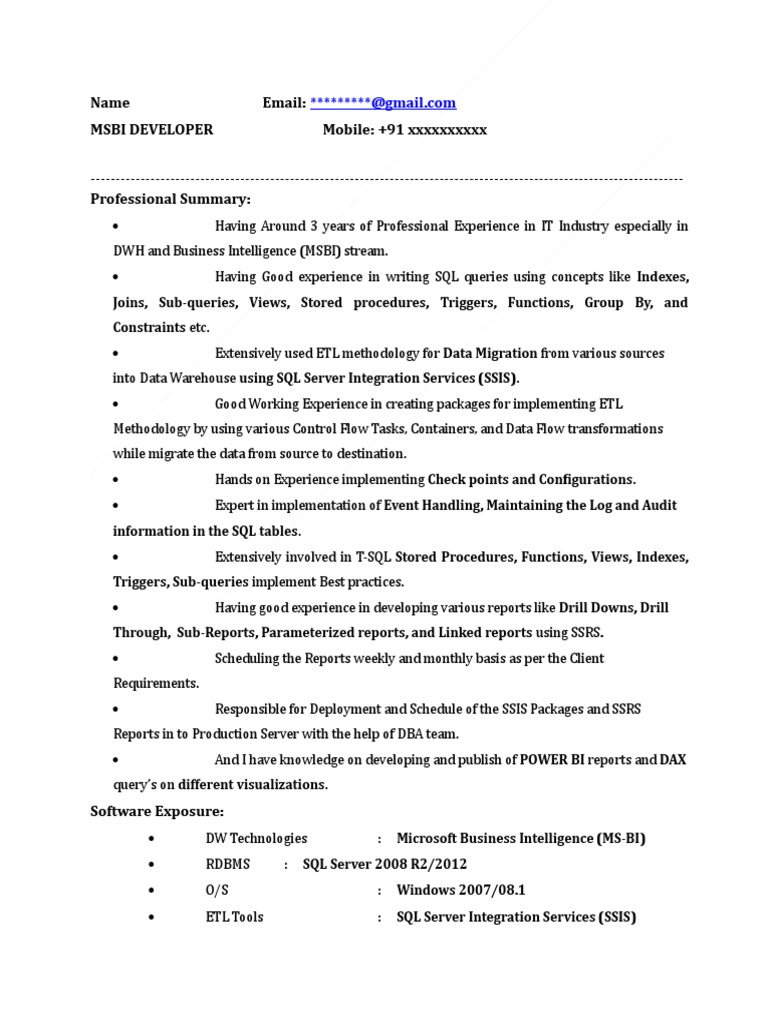 MSBI Developer Resume Summary | PDF | Microsoft Sql Server | Business ...