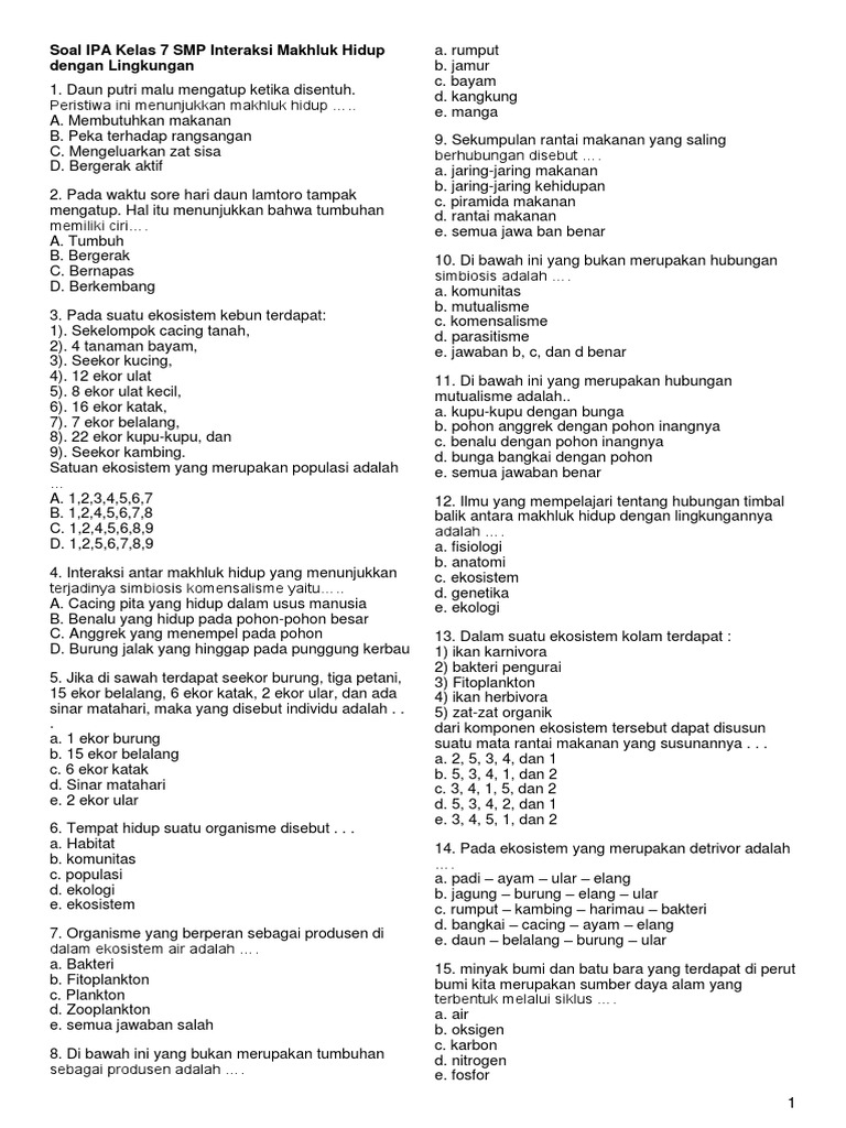 Soal  IPA  Kelas  7  SMP Interaksi Makhluk Hidup Dengan   Soal  IPA  Kelas  7  SMP Interaksi Makhluk Hidup Dengan