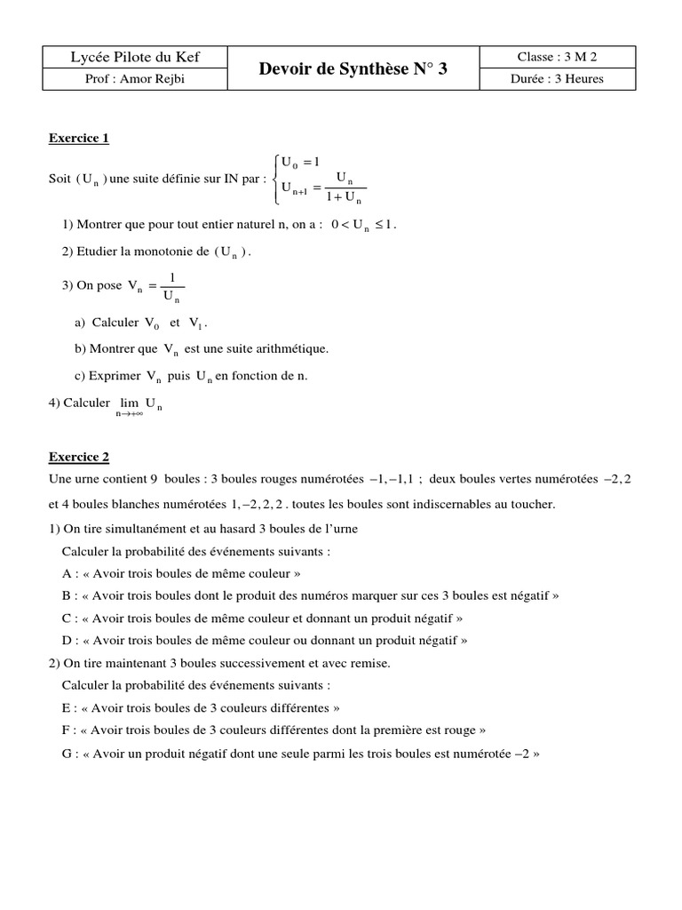 Devoir de Synthèse N°3 (Lycée Pilote EL Kef) - Math - 3ème Math (2007