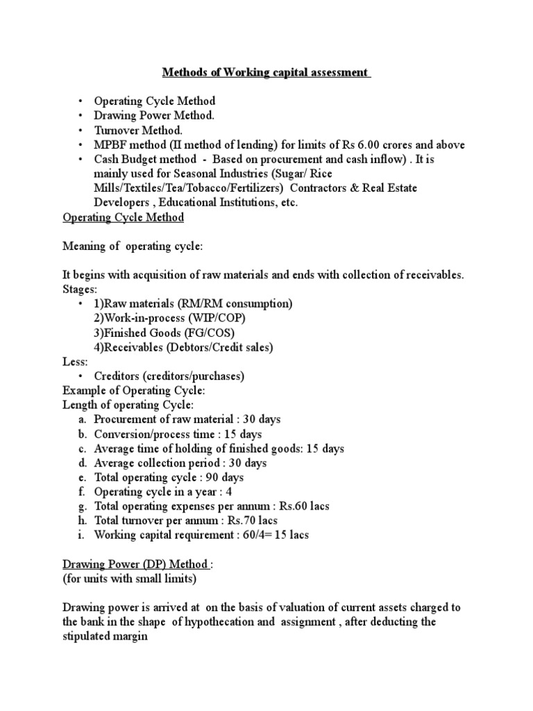 Working Capital Assessment Methods | PDF | Working Capital | Revenue