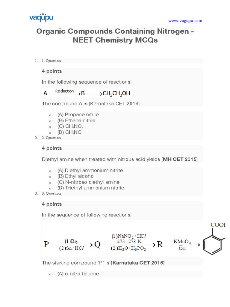 Organic Compounds Containing Nitrogen Multiple Choice Questions on the Synthesis and Reactions