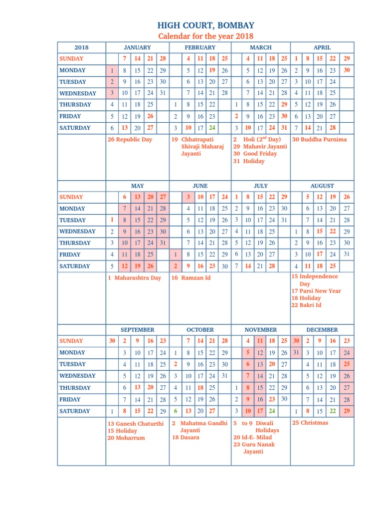 Bombay High Court Calendar,2018 Public Holiday Religious Holidays