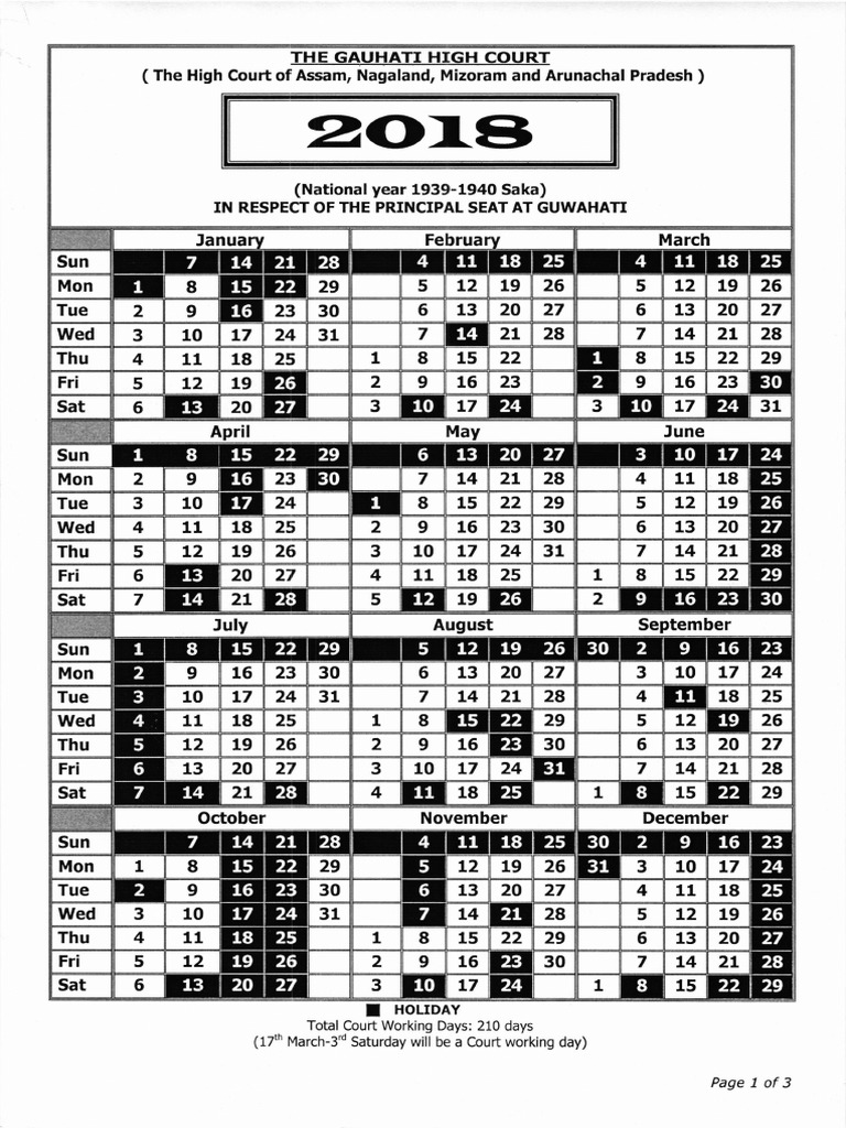 Gauhati High Court Calendar, 2018 PDF Festival Holidays