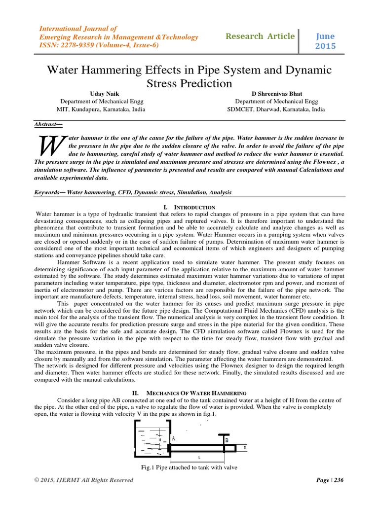 Water Hammering Effects in Pipe System and Dynamic Stress Prediction
