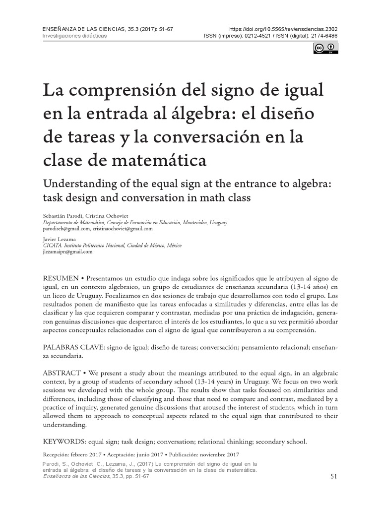 Comprensión del signo igual en álgebra | PDF | Ecuaciones | Enseñanza ...