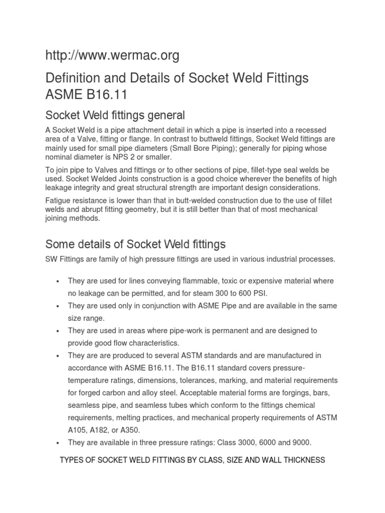 Definition and Details of Socket Weld Fittings ASME PDF Pipe (Fluid
