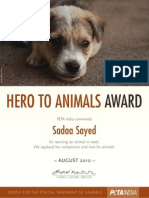 Sadaa Hero to Animal Award Certificate