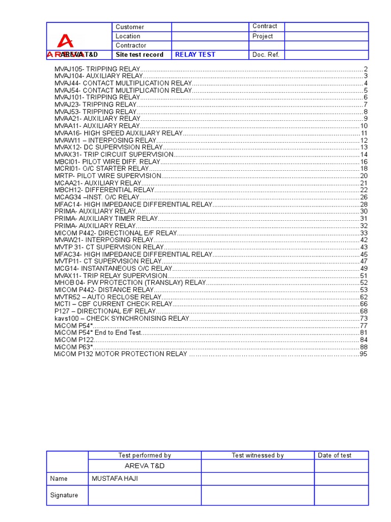 Relay Test Record for MVAW21 | PDF | Relay | Voltage