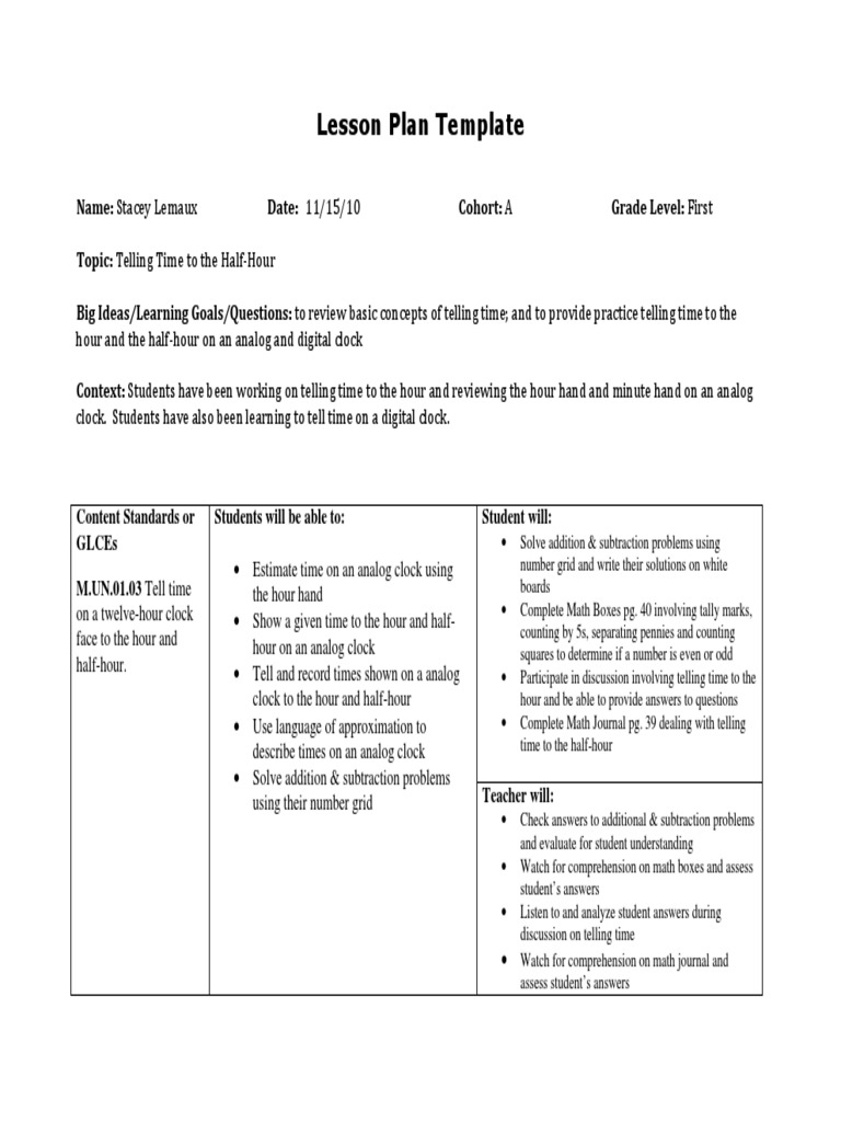 Math Lesson Telling Time PDF Clock Reading Comprehension