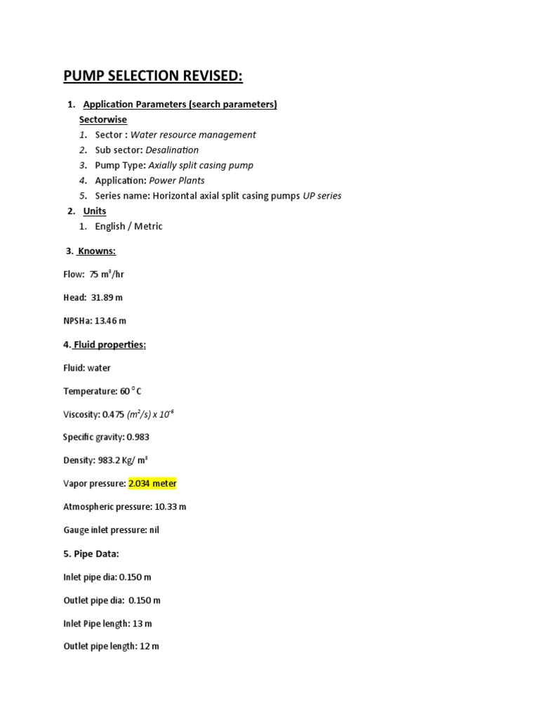 Pump Selection Example PDF Pump Pressure