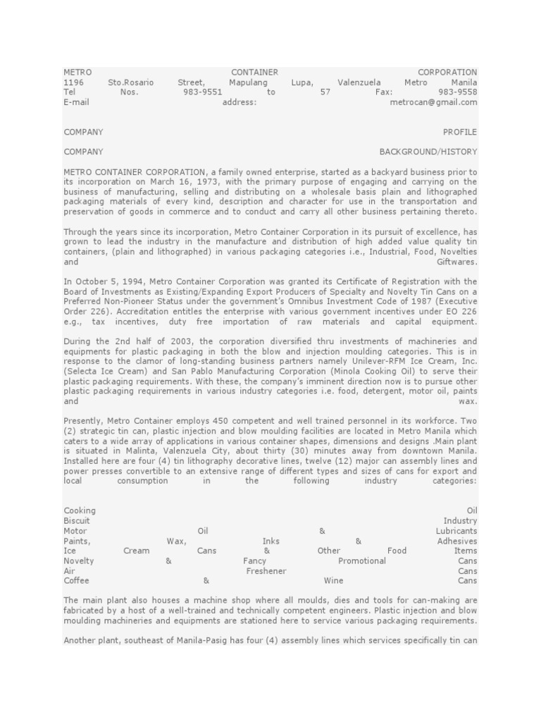 Metro Container Corporation | PDF | Packaging And Labeling | Plastic
