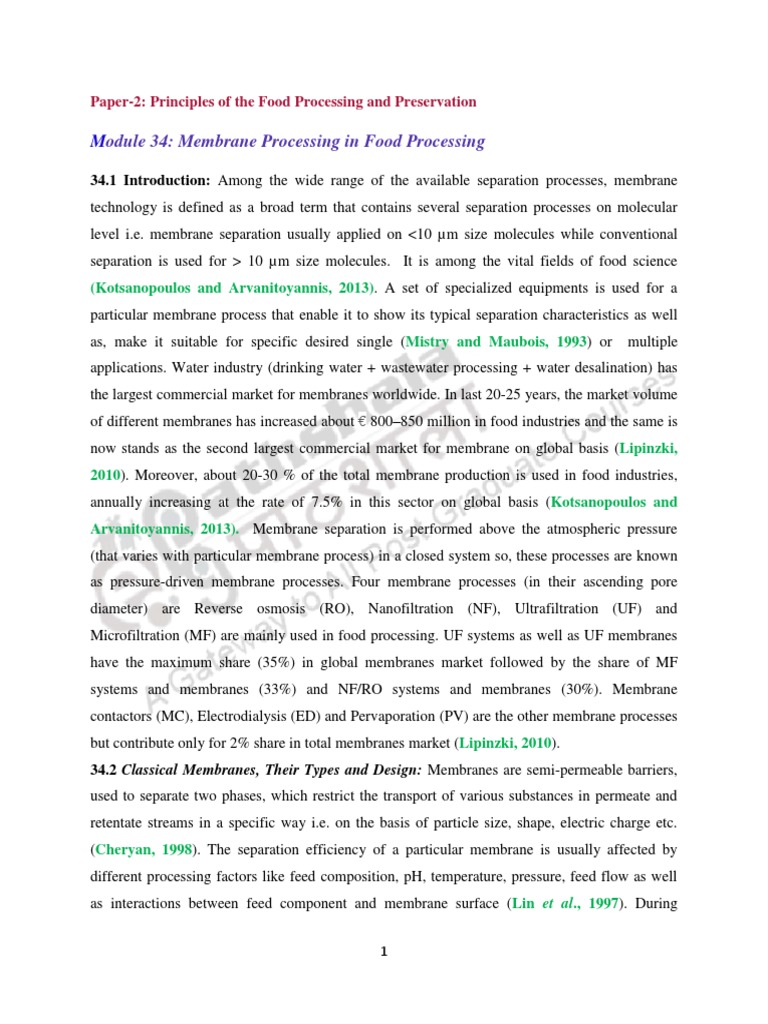 Membrane Processing in Food Preservation | PDF | Membrane | Membrane ...