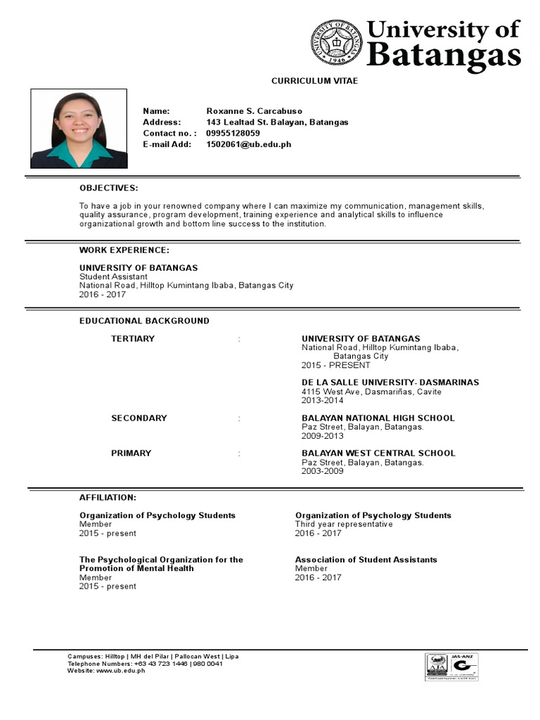 Curriculum vitae for internship picture