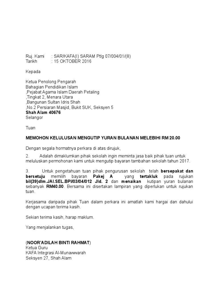 Contoh Surat Permohonan Kelulusan Bayaran