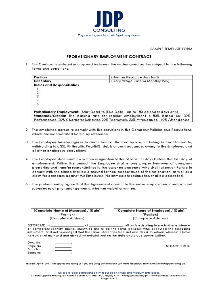 Probationary Employment Contract Sample By Jdp Consulting Pdf
