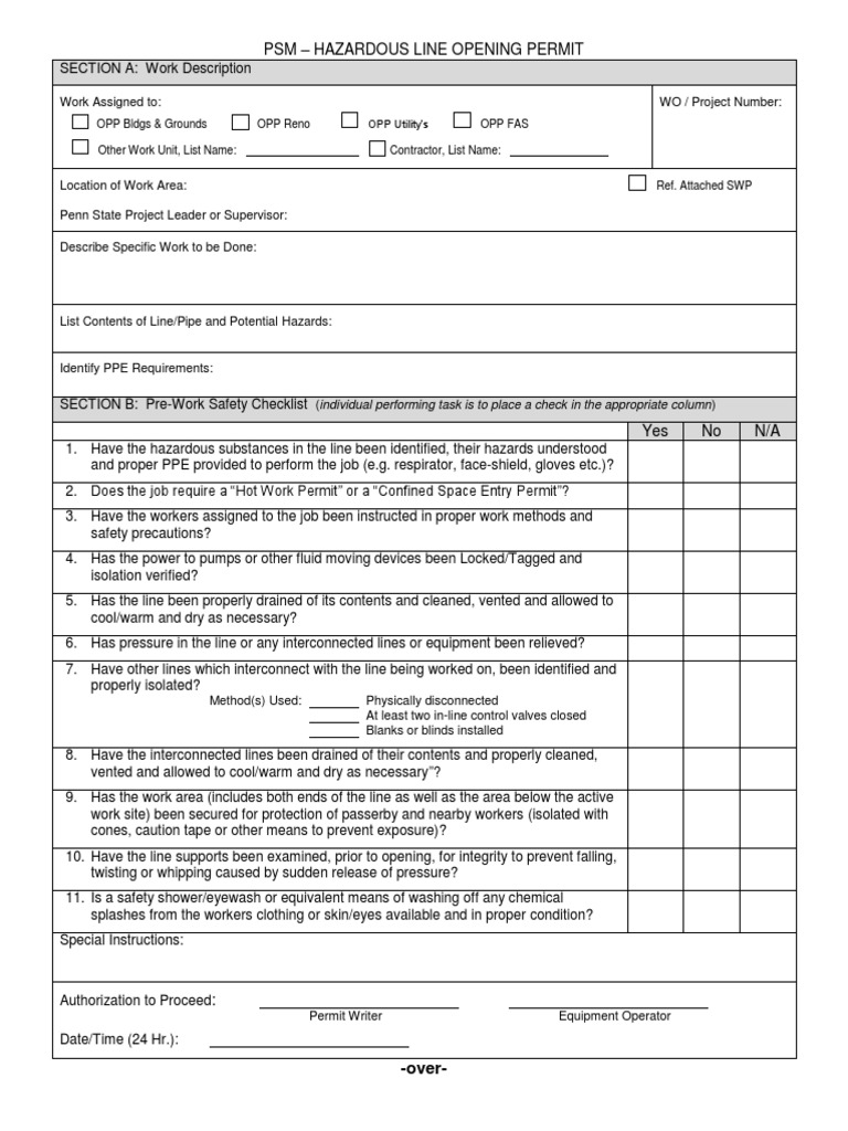 Hazardous Line Opening Permit Personal Protective Equipment