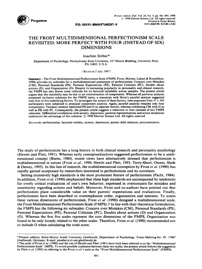 The Frost Multidimensional Perfectionism PDF Perfectionism 