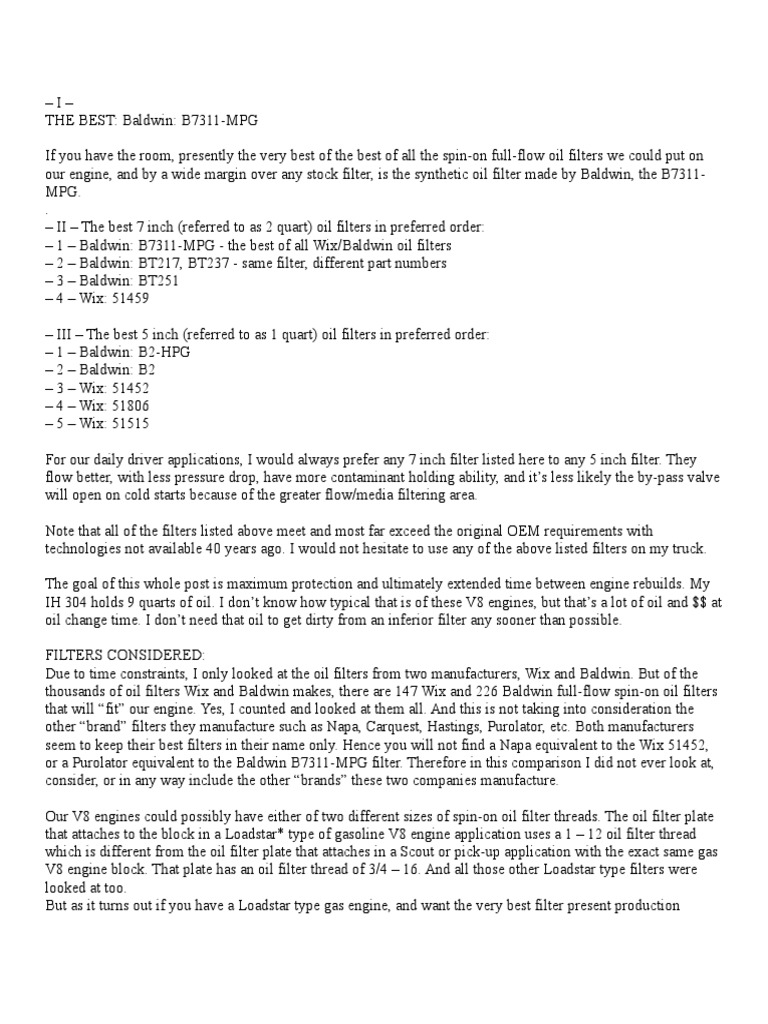 Baldwin vs. Wix PDF Motor Oil Filtration