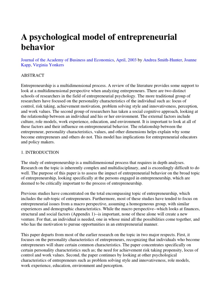 Psychological Model of Entrepreneurial Behavior | PDF ...