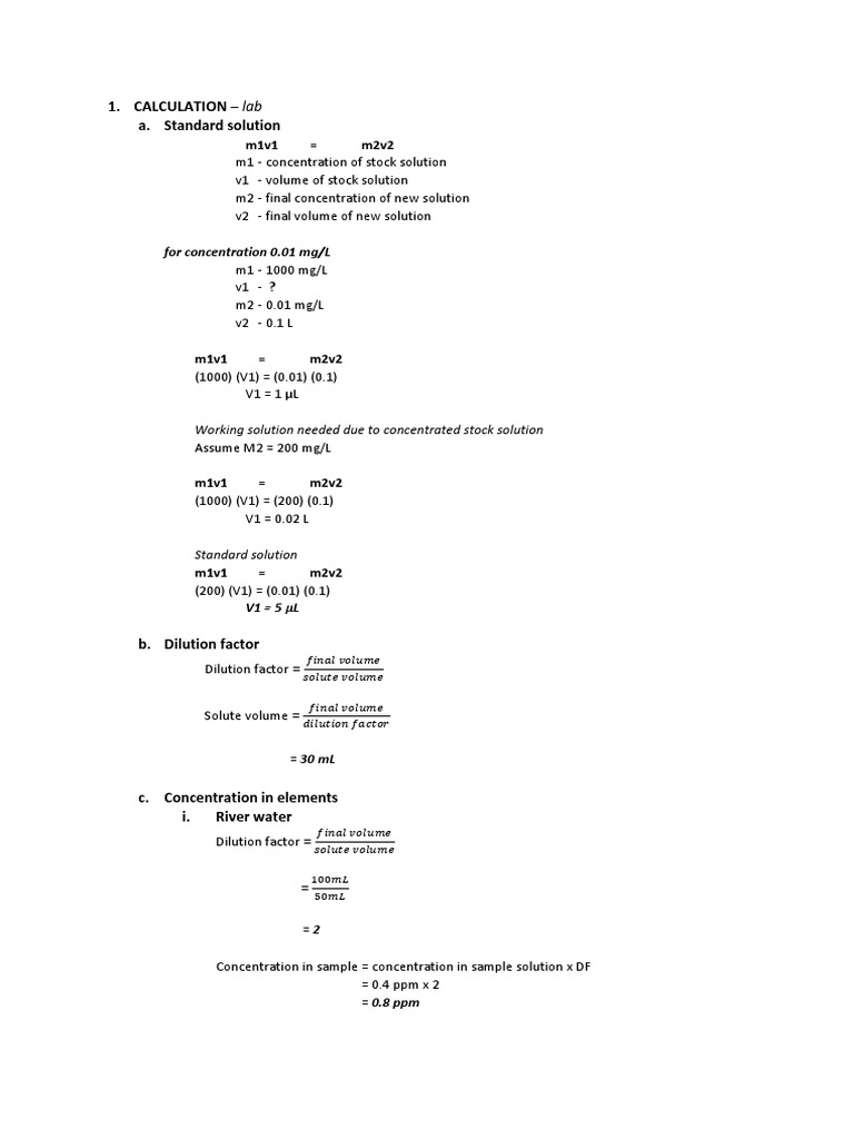 Calculation - Lab A. Standard Solution: m1v1 m2v2 | PDF | High Performance  Liquid Chromatography | Gas Chromatography
