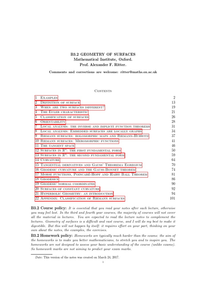 Alexander Ritter - Geometry of Surfaces | PDF | Differentiable Manifold ...