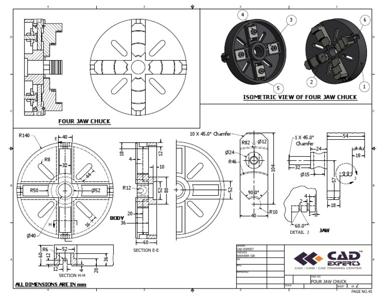 45 Four Jaw Chuck Final Computer Aided Design Technical Drawing
