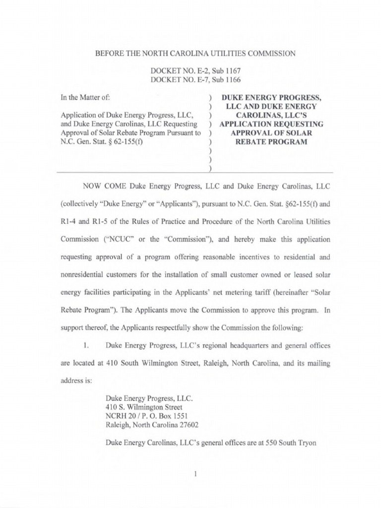 Duke Energy Solar Rebate Filing, Applications and Riders 012218