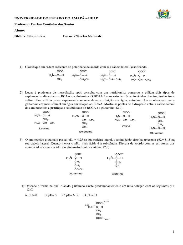 Exercicio Bioquimica 2018.1 | PDF | Aminoácido | Hidrogênio