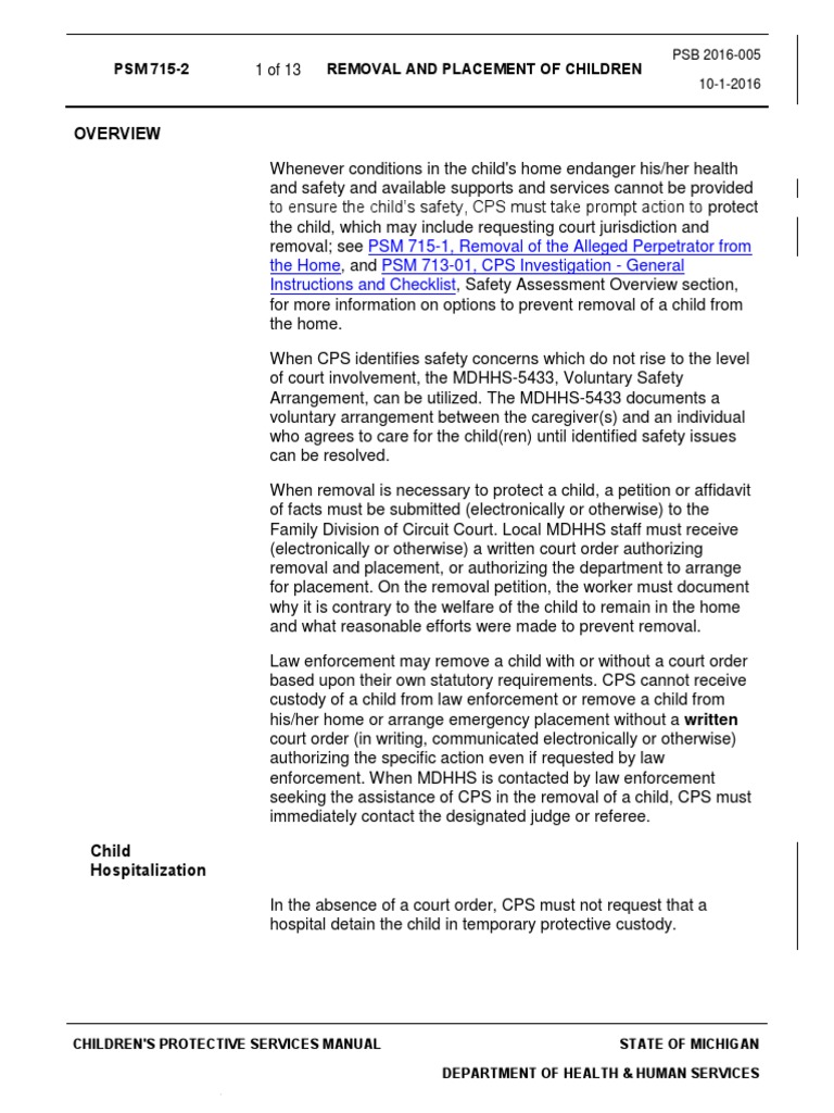 Michigan Child Protective Services ExParte Emergency Removal Policy PDF Child Custody