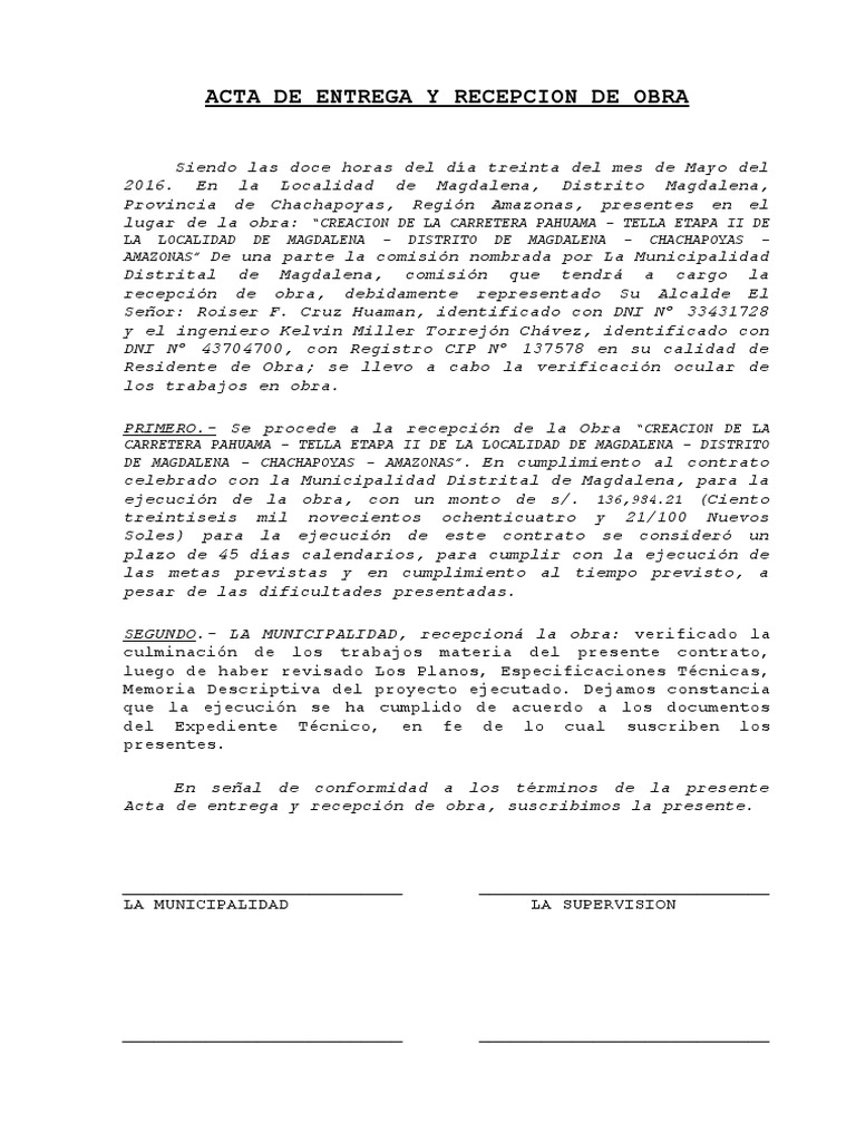 Acta de Entrega y Recepcion de Obra