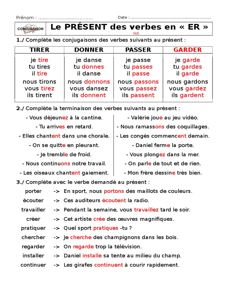 Conjugaison des verbes en "ER" au présent | PDF