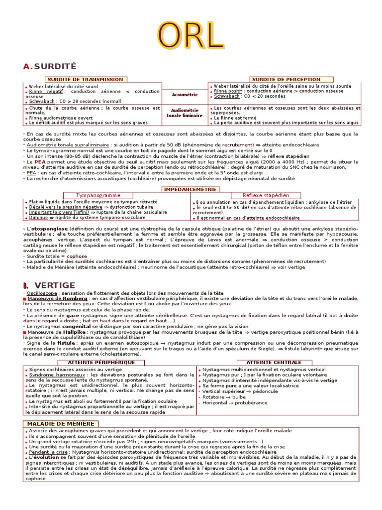 Orl | PDF | vertige | Tête et cou chez l'humain