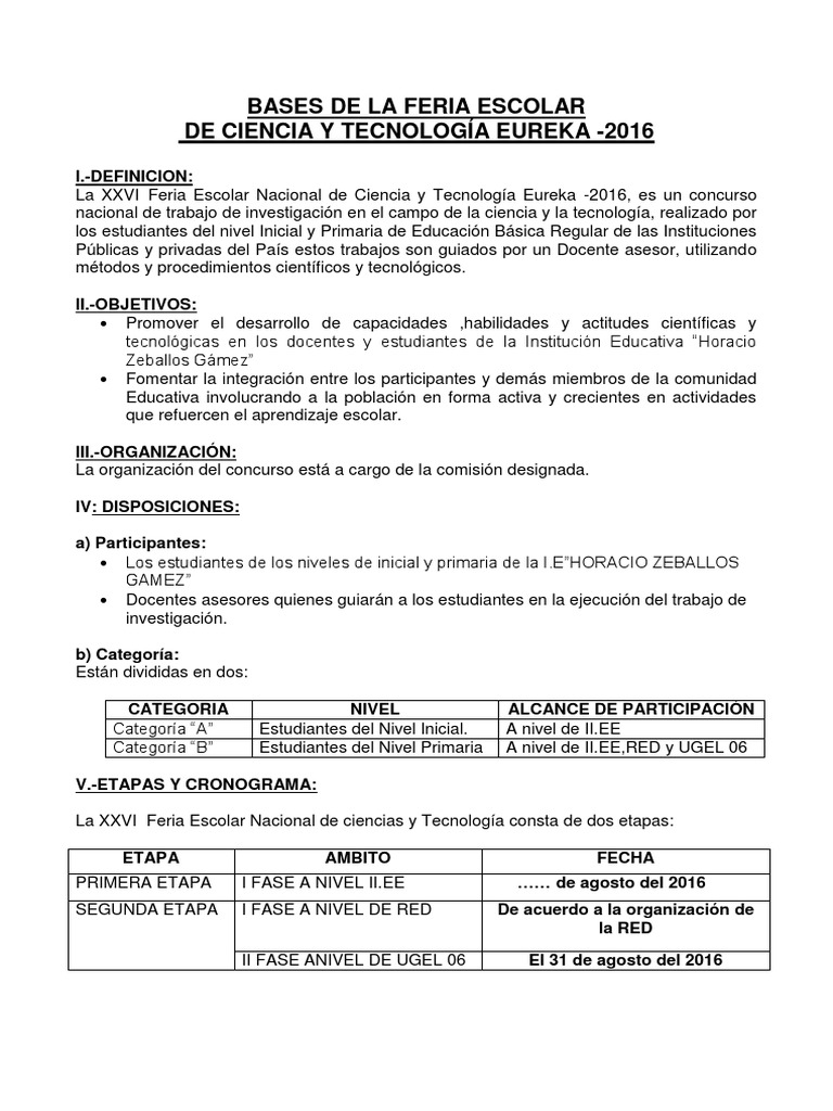 Bases Feria Escolar Eureka 2016 | PDF | Evaluación | Educación primaria