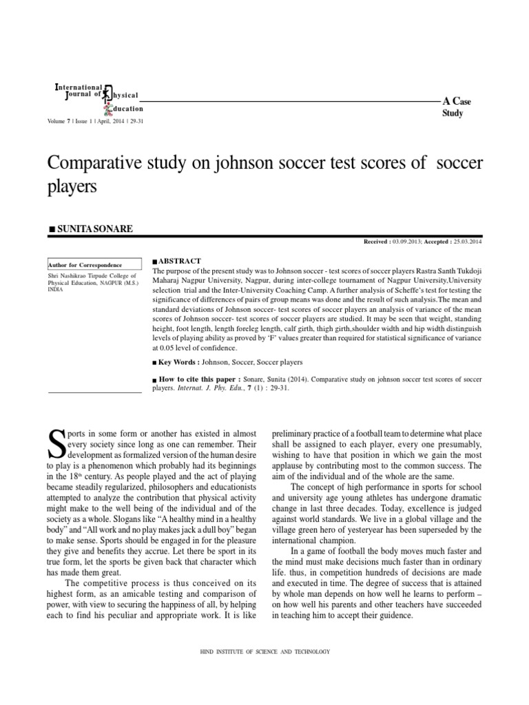 Comparative Study On Johnson Soccer Test Scores of Soccer Players | PDF ...