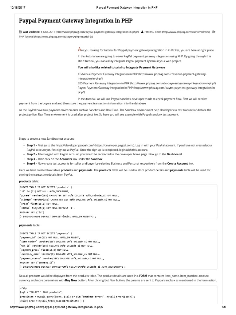 Paypal Payment Gateway Integration in PHP PDF | PDF | Php | Database ...