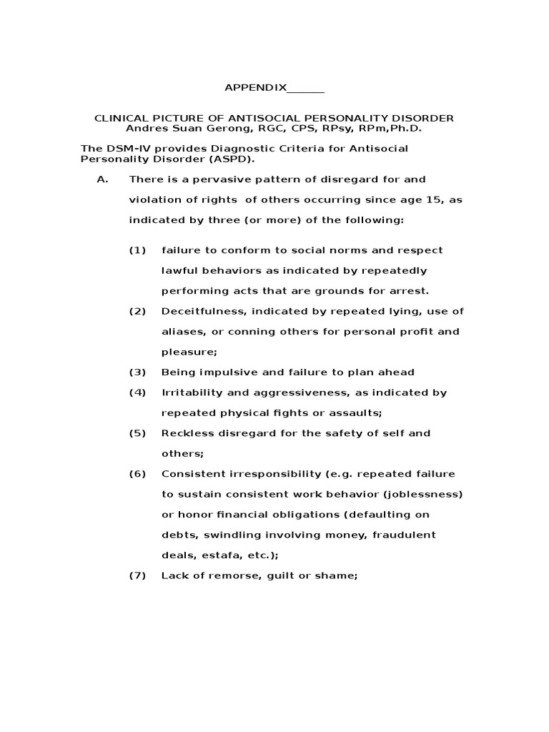 DSM-5 Criteria for Antisocial Personality Disorder | PDF | Antisocial ...