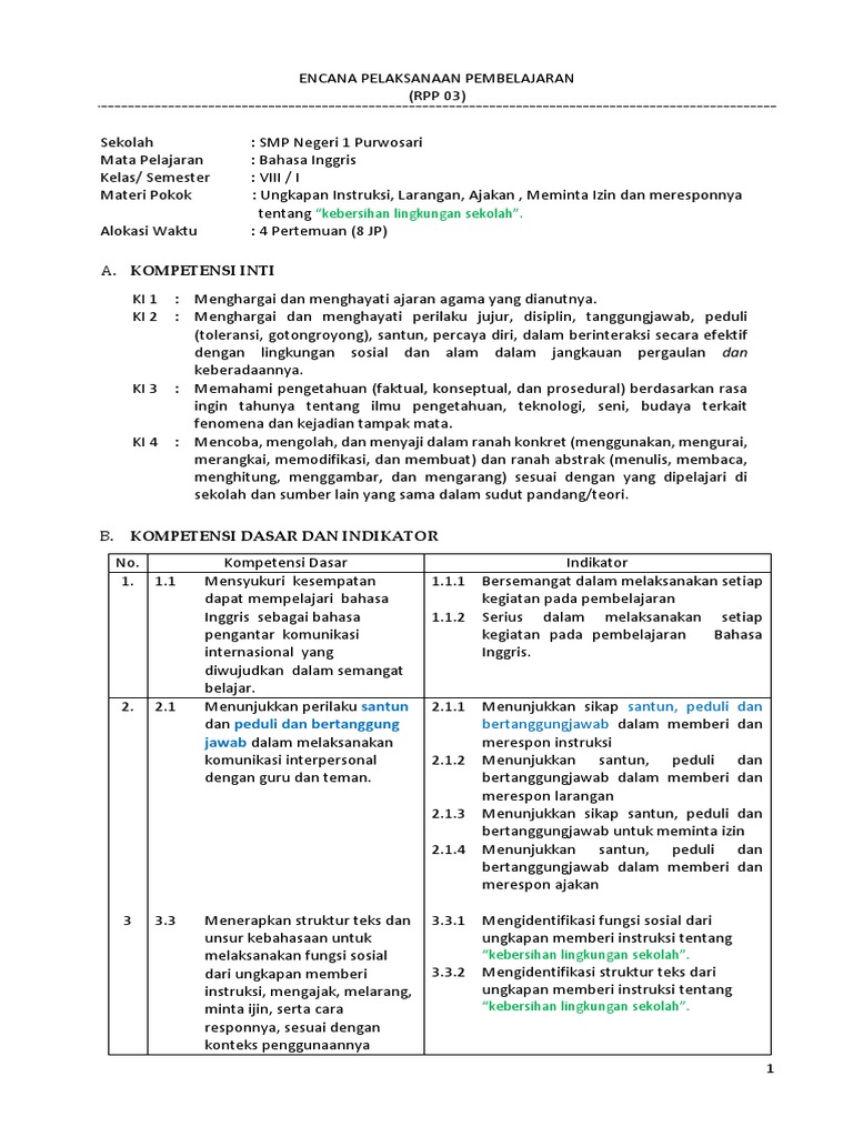 Rpp Adiwiyata Smp Kurikulum 2013 Rismax