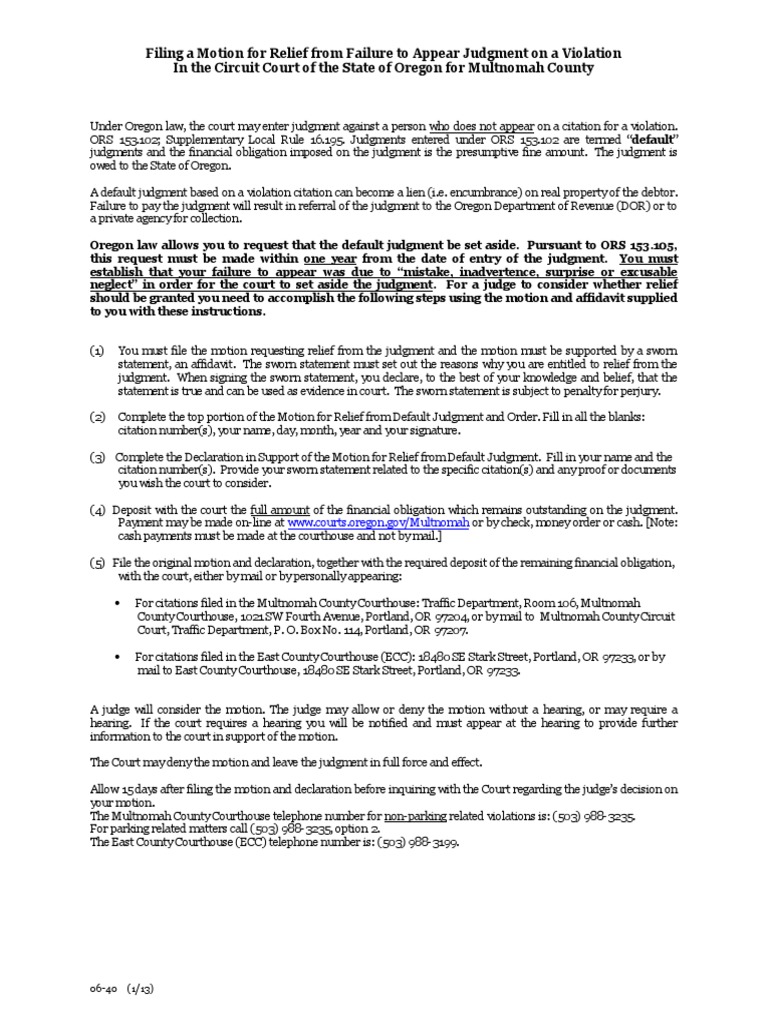 Motion For Relief From Default Judgment and Instructions PDF