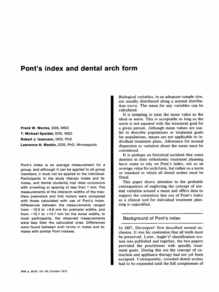 Pont s Index and Dental Arch Form Animal Anatomy Dentistry Branches
