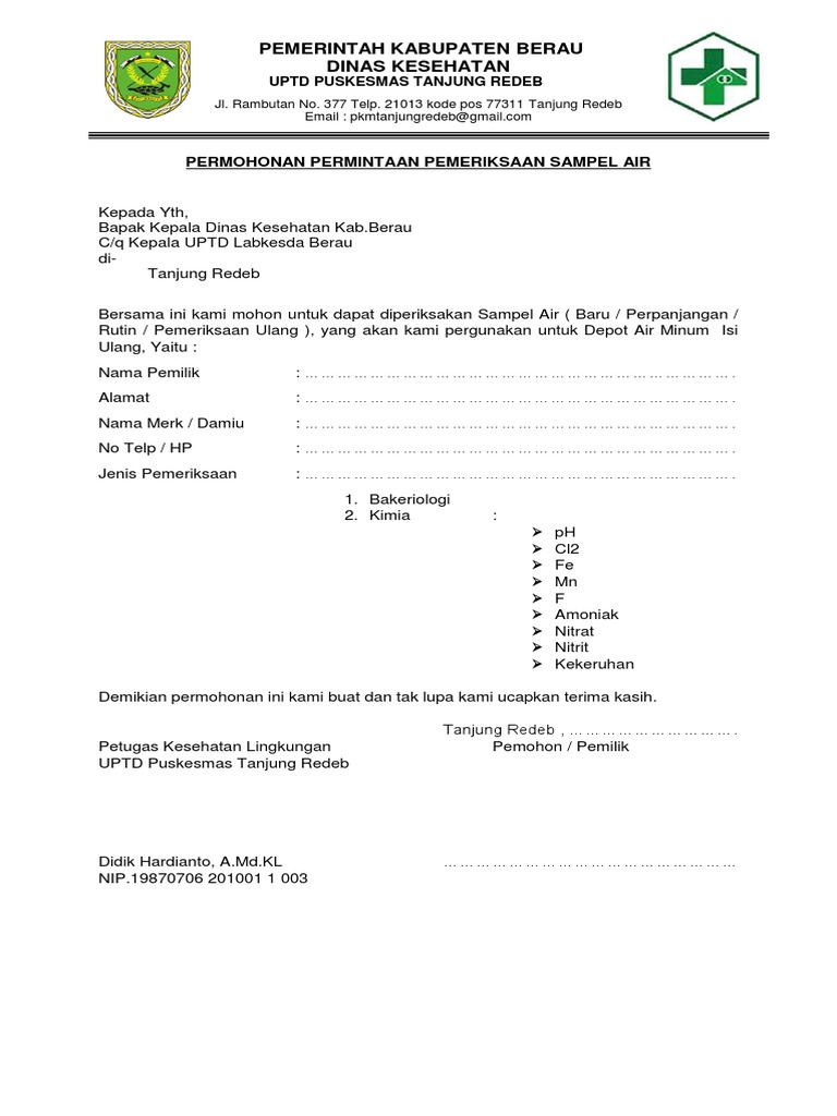 Surat Permohonan Pemeriksaan Sampel