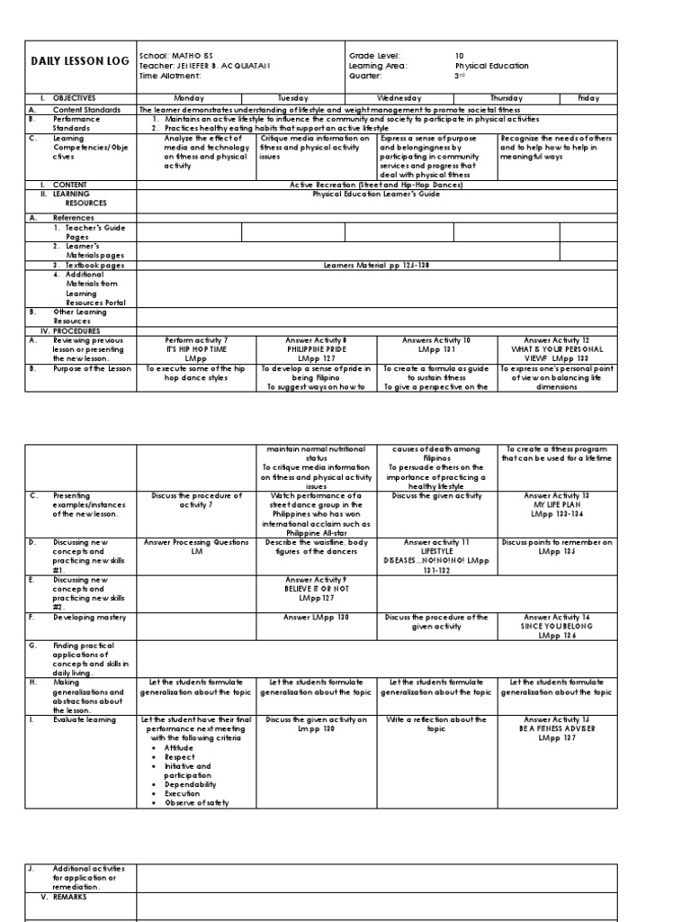 MAPEH 6 Week 2 Lesson Plan | PDF | Physical Education | Physical Fitness