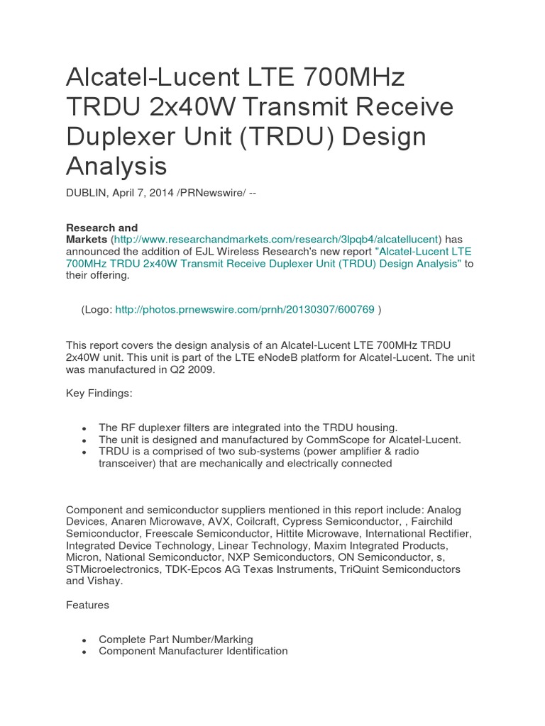 Alcatel-Lucent Lte 700Mhz Trdu 2X40W Transmit Receive Duplexer Unit ...