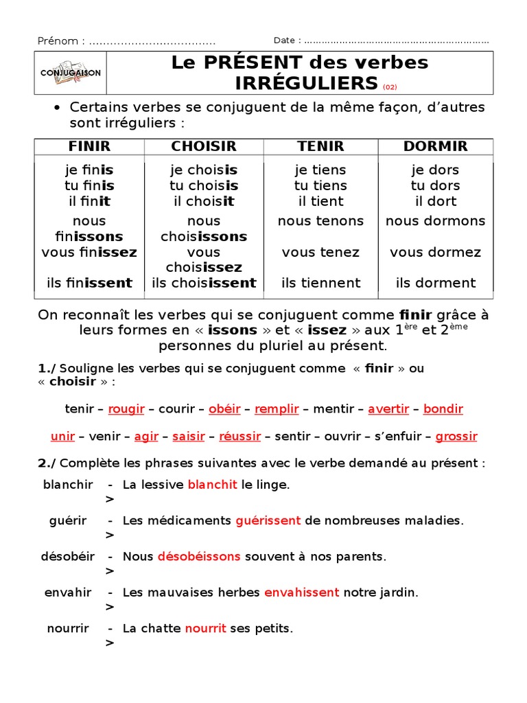 Le Verbe Nourrir Au Present Present - Ir - 02 - C | PDF